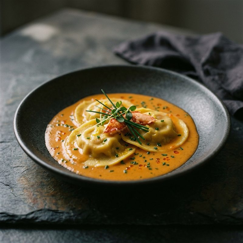 Lobster Ravioli with Shellfish Bisque